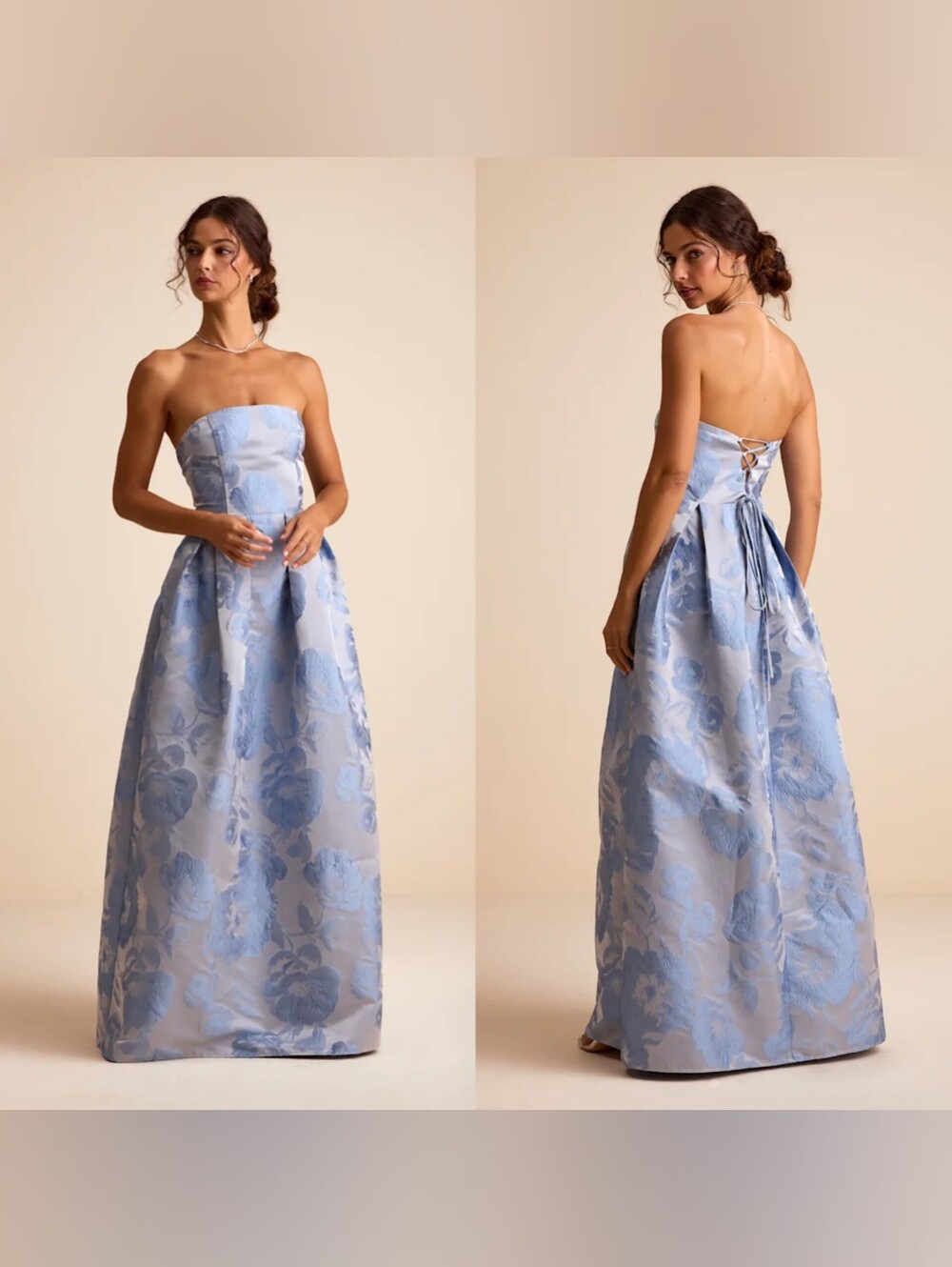 Lulus Laurelin Slate Blue Floral Jacquard Pleated Strapless Maxi Dress M Wedding